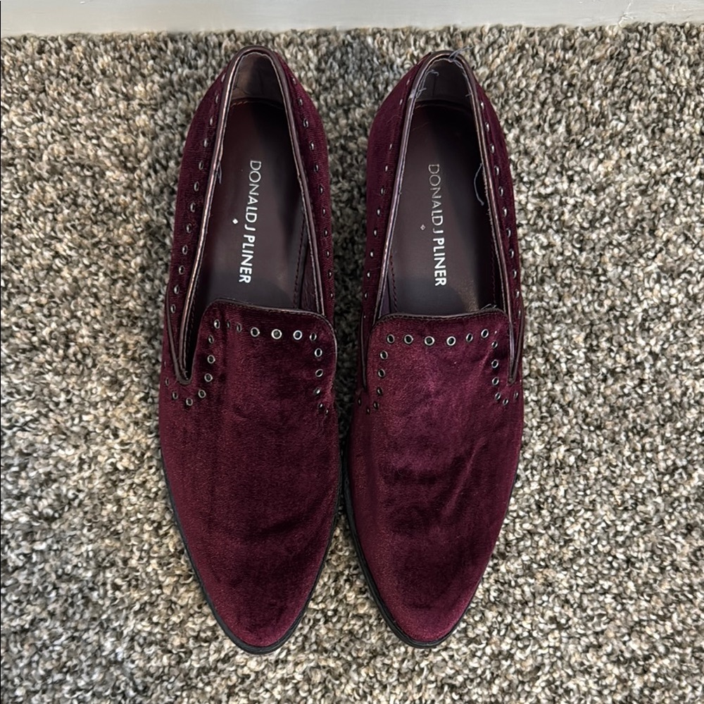 Donald J Pliner maroon velvet slip ons grommet detailing